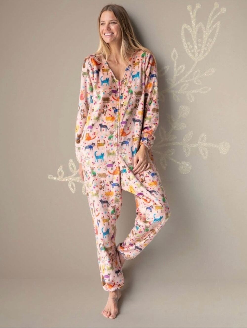 Natural Life Fleece One Piece Pajamas Cat Print S